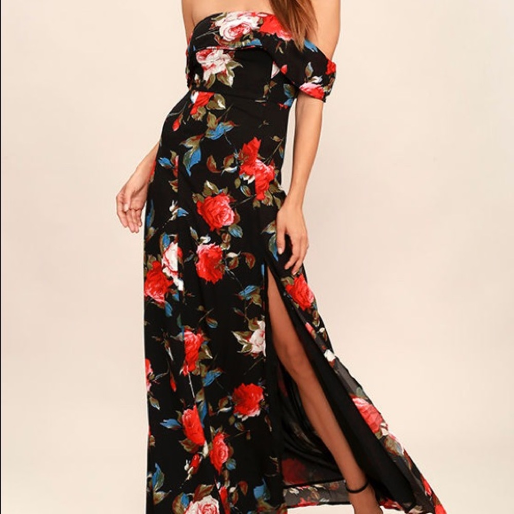 Black floral off the shoulder dress in Large